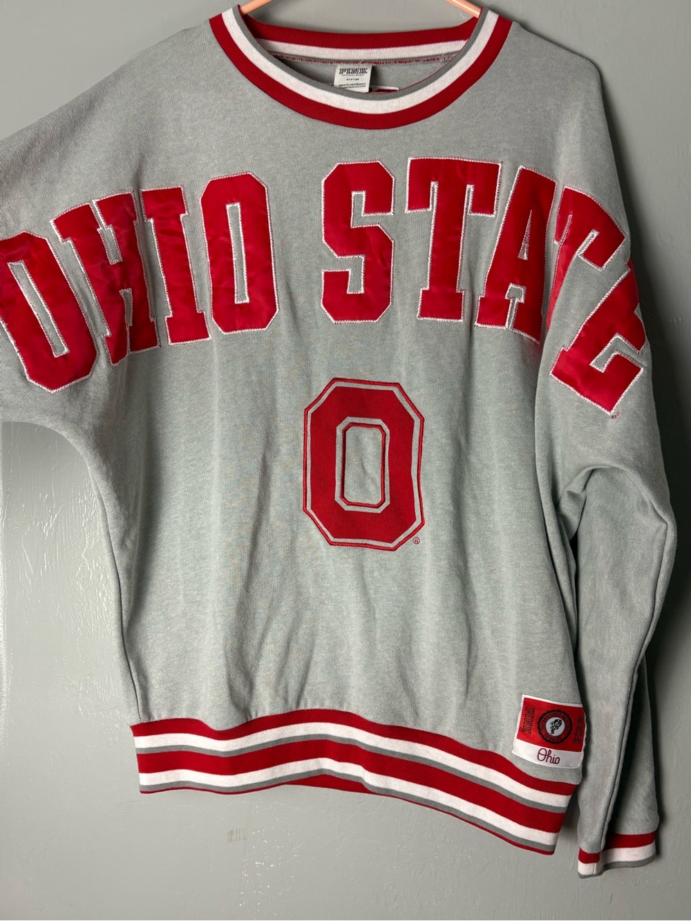PINK Victoria's Secret Gray Crewneck Sweatshirt with Red Lettering S OVERSIZED - Picture 2 of 13